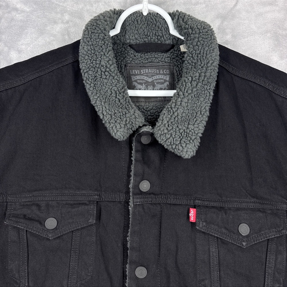 LEVI'S Sherpa Lined Trucker Jacket Mens XXL Black Denim Faux Fur Coat 16365-0054